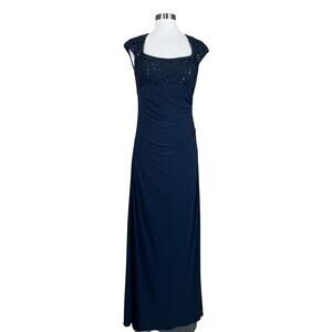 Betsy & Adam Sequined Lace Embellished Long Column Evening Gown Navy Blue Size 6